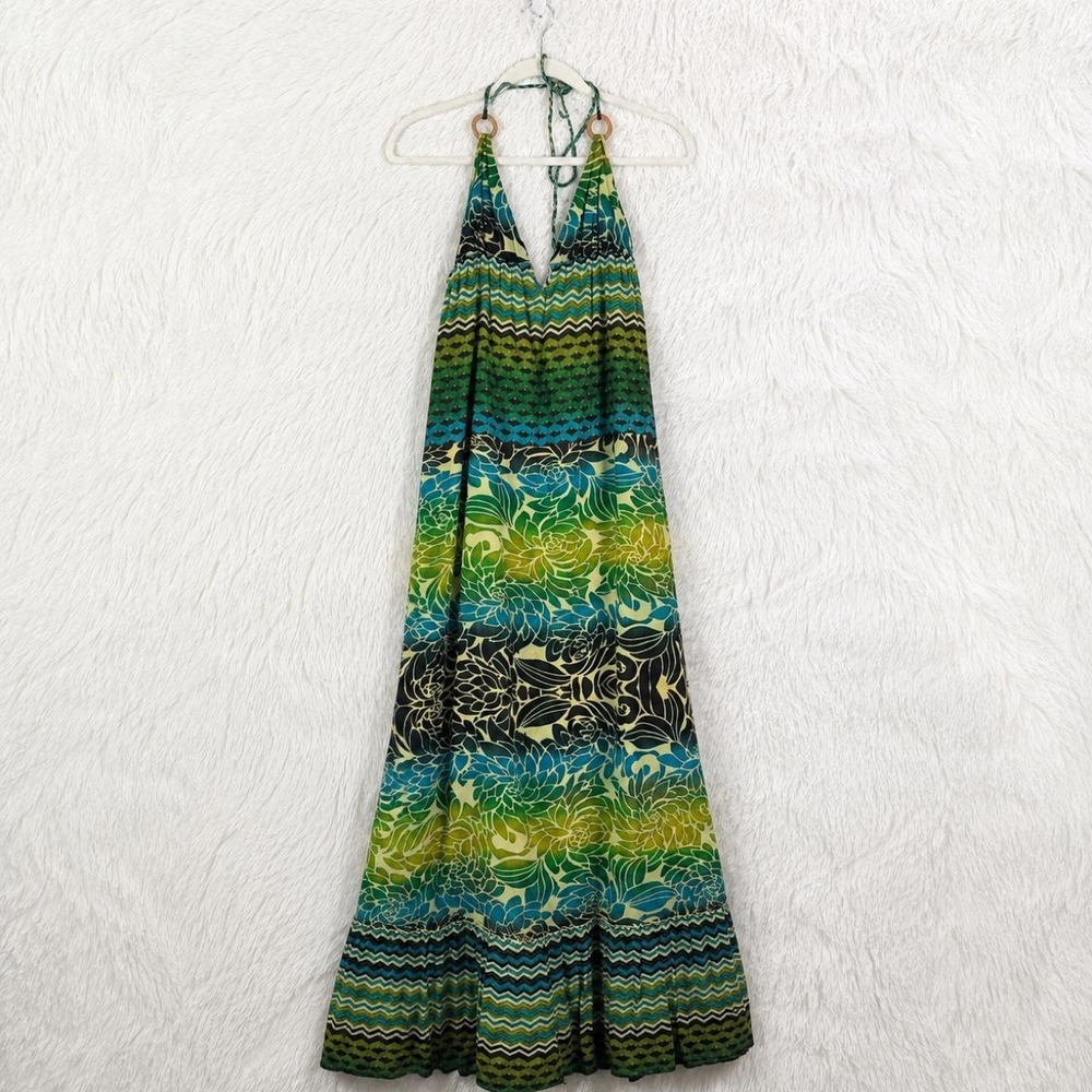 O'Neill 100% Cotton Halter Maxi Dress Size Medium Green Blue Boho Floral